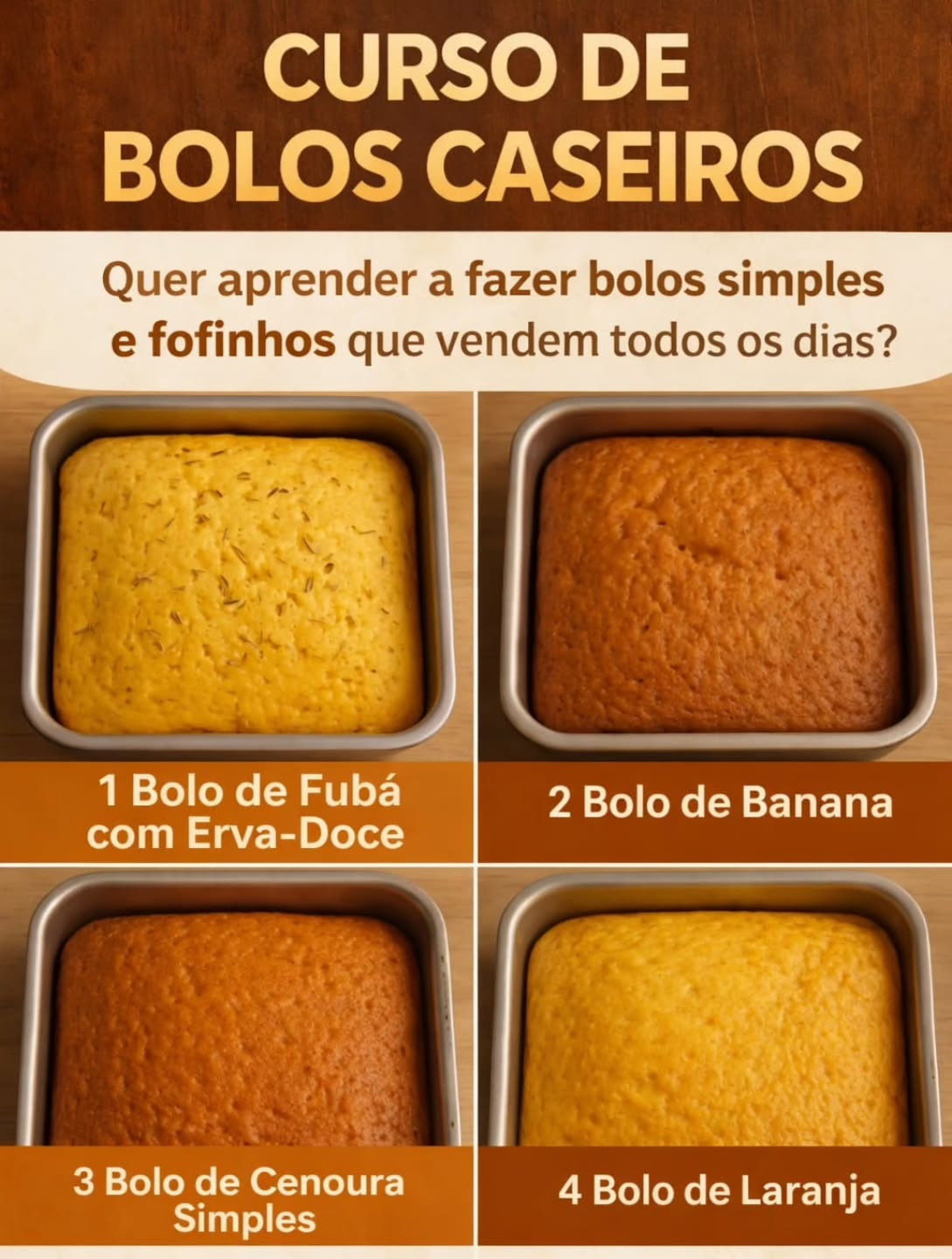 Curso de Bolos Caseiros: Receitas de Fubá, Banana, Cenoura e Laranja