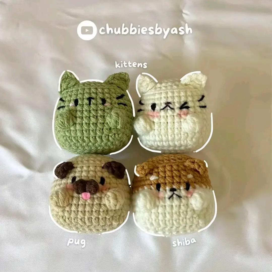 Cute Amigurumi Keychains and Plushies Pattern: Dog with Party Hat, Kittens, Pug, and Shiba Inu