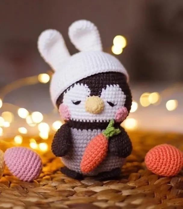 Cute Amigurumi Penguin Cosplaying as a Bunny with Carrot - Free Crochet Pattern