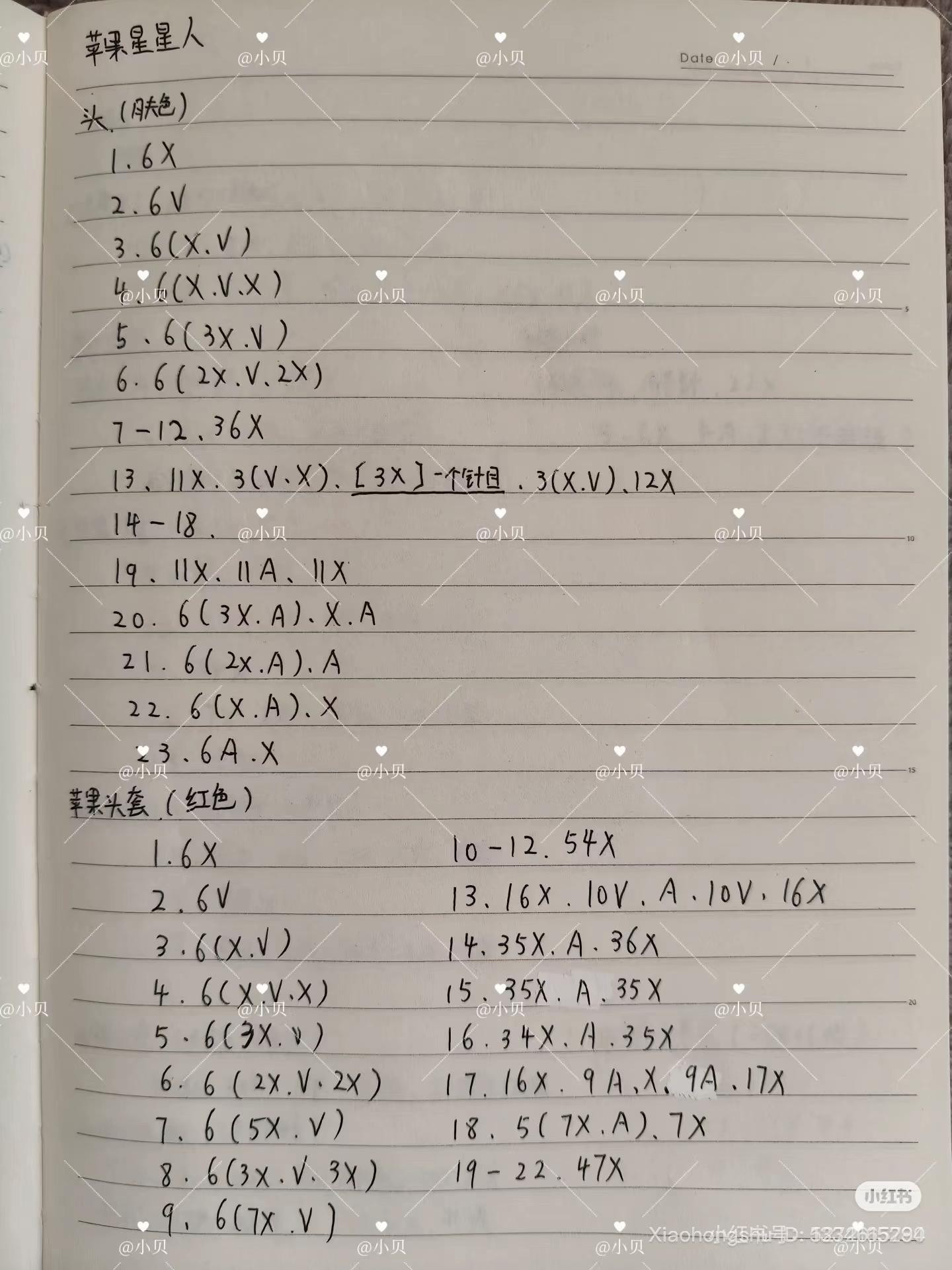 Cute Apple Doll Amigurumi Pattern Chart with Handwritten Instructions