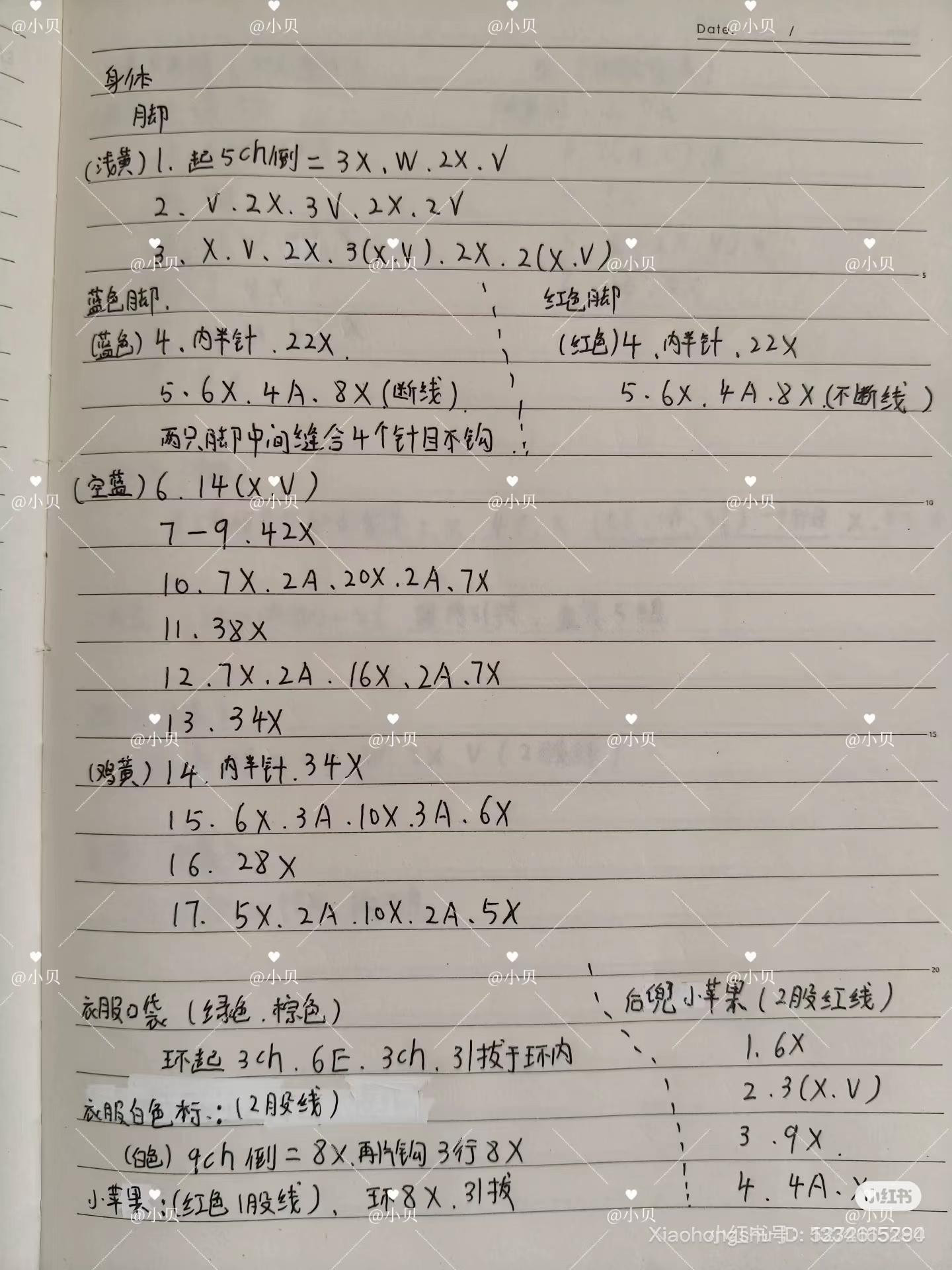 Cute Apple Doll Amigurumi Pattern Chart with Handwritten Instructions