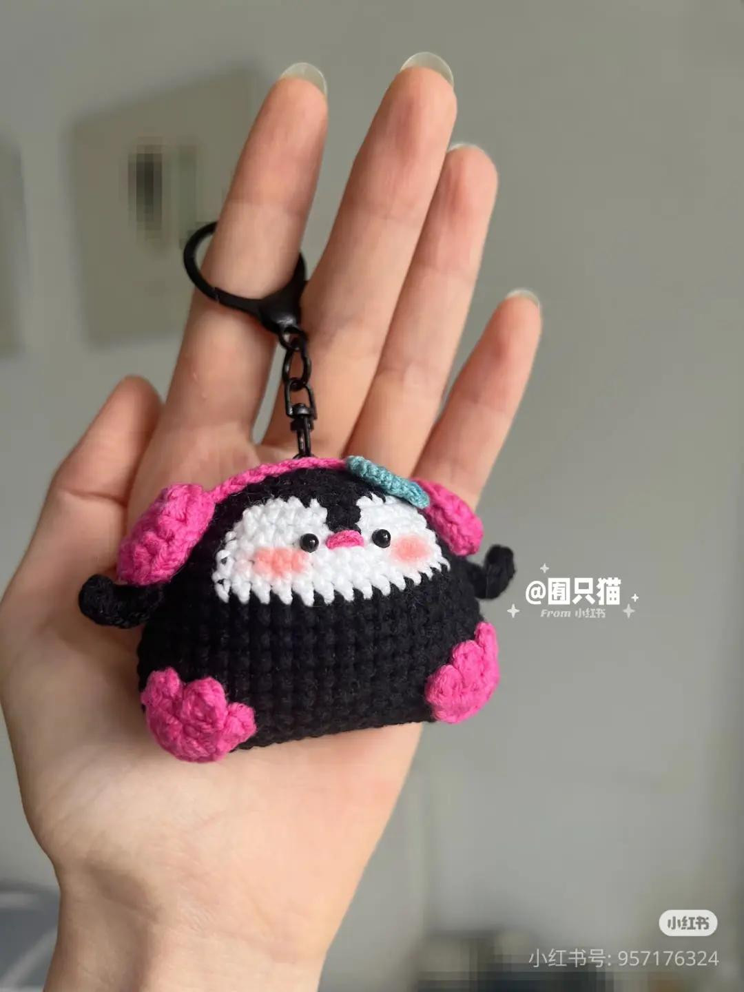 Cute Black and Pink Crochet Penguin Keychain Pattern