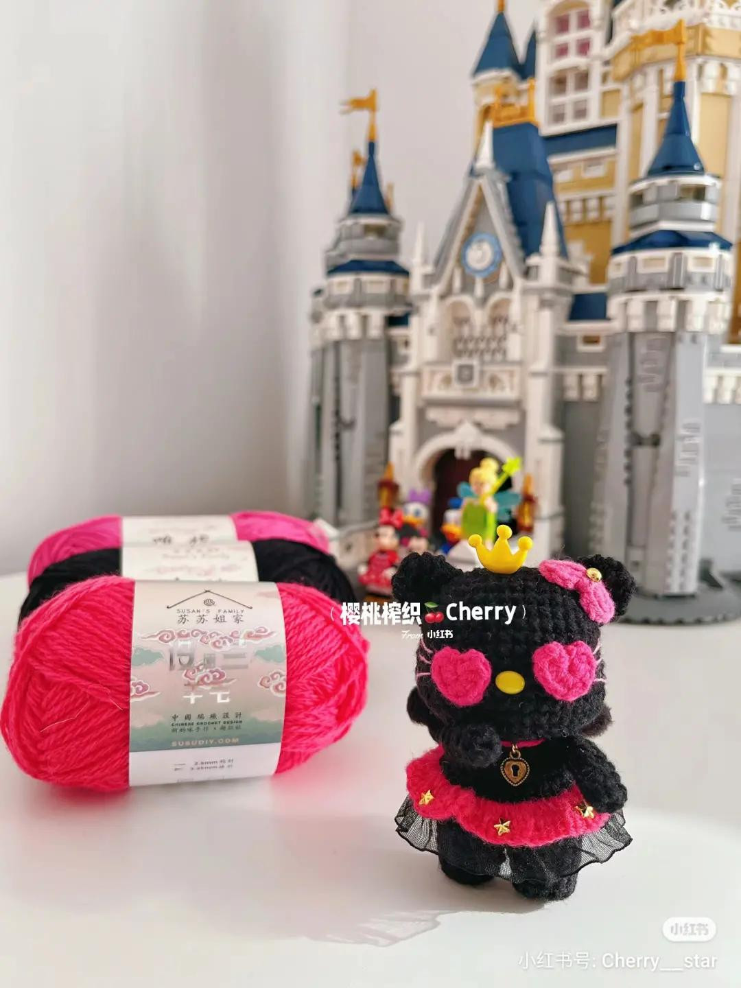 Cute Black Cat Princess Amigurumi Crochet Doll with Heart Eyes and Pink Skirt Pattern
