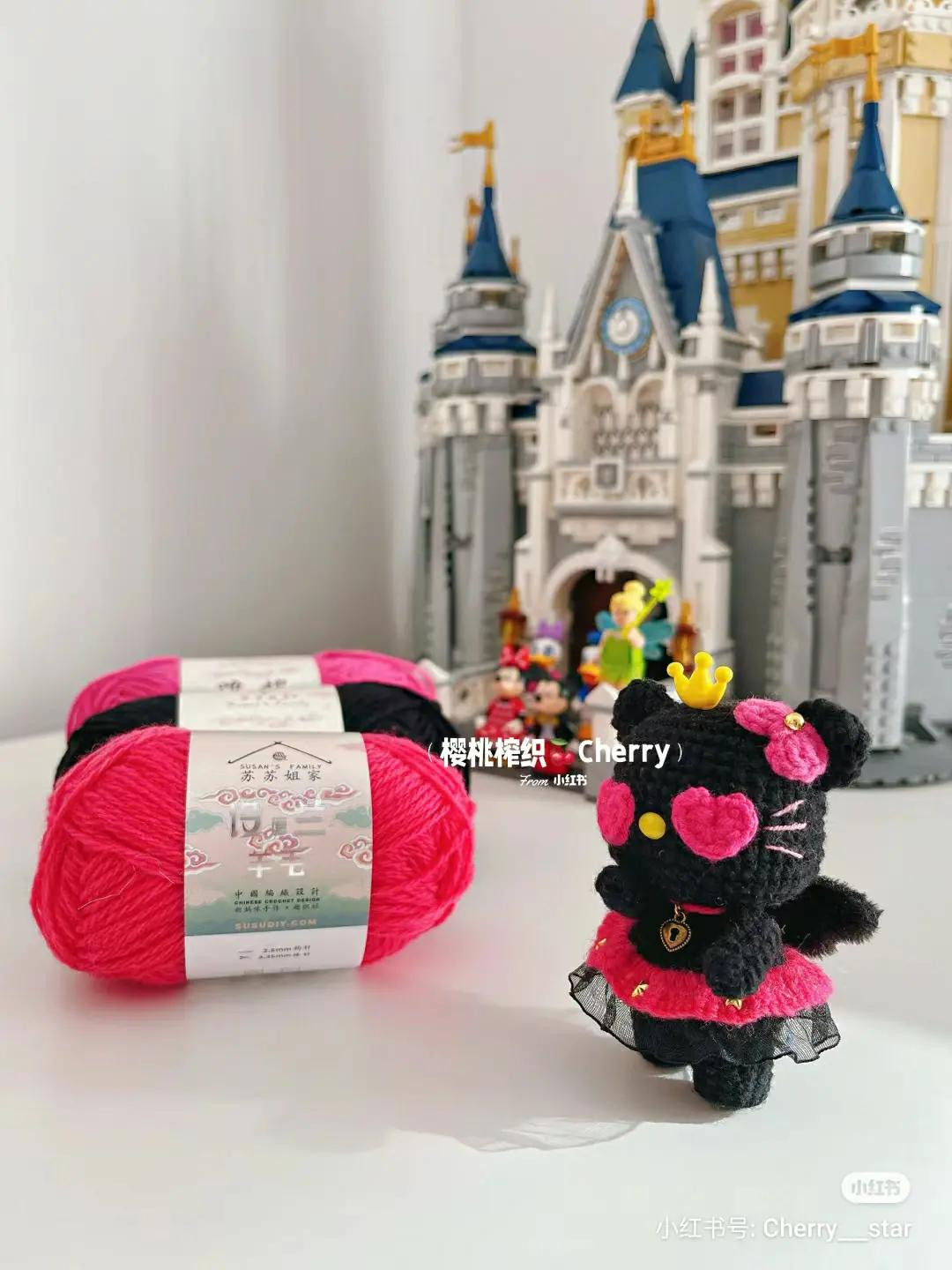 Cute Black Cat Princess Amigurumi Crochet Doll with Heart Eyes and Pink Skirt Pattern