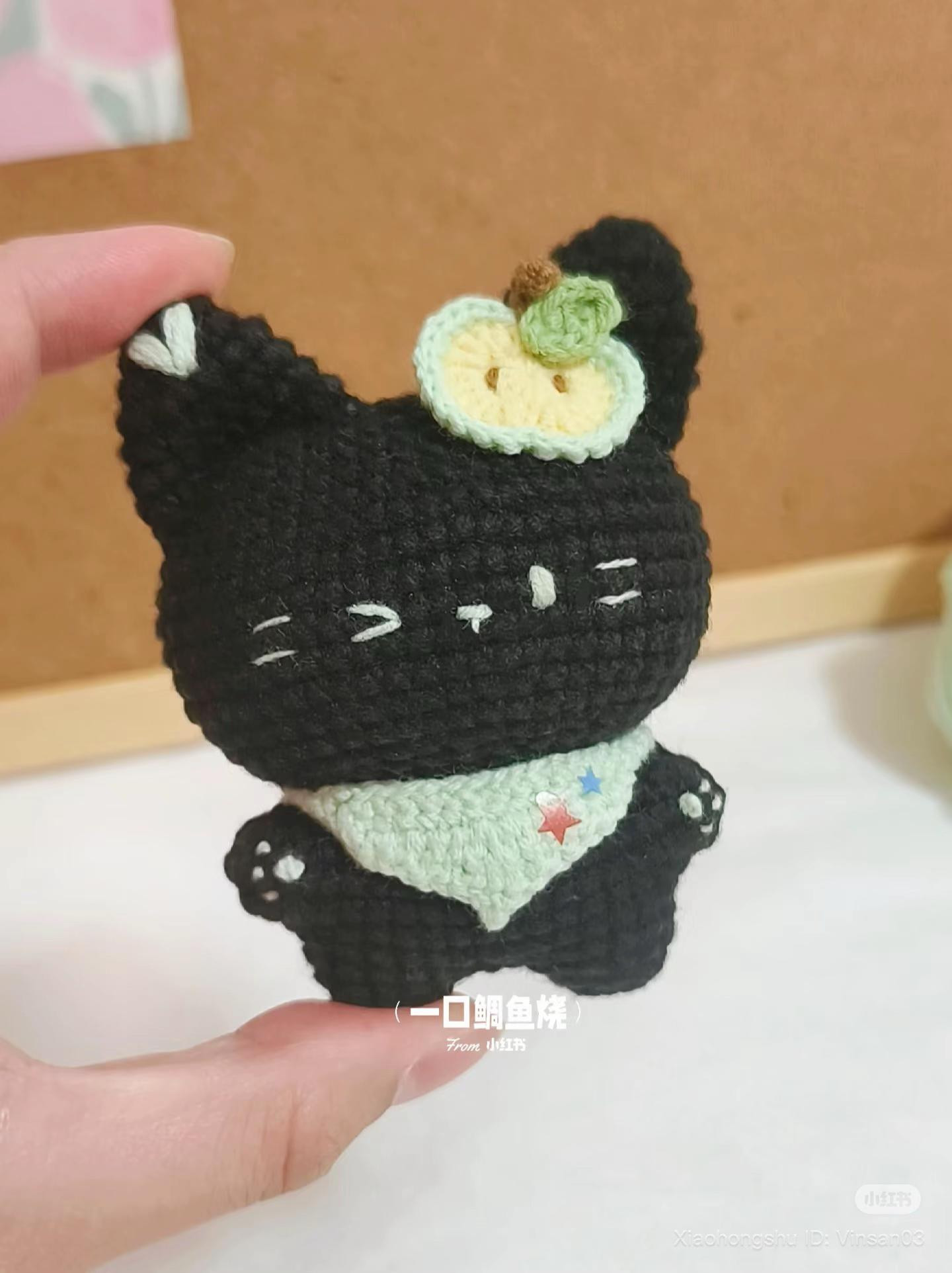 Cute Black Crochet Cat with Apple Pattern