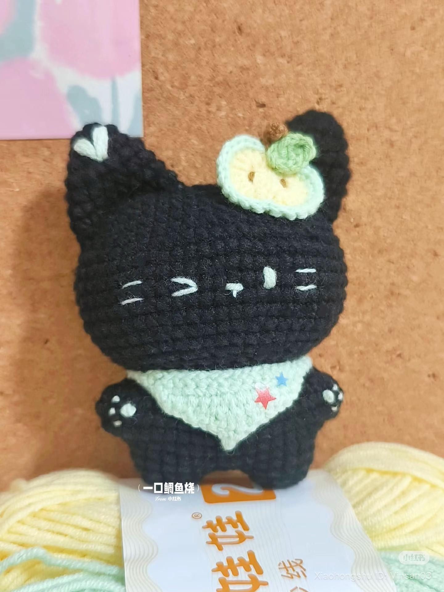 Cute Black Crochet Cat with Apple Pattern