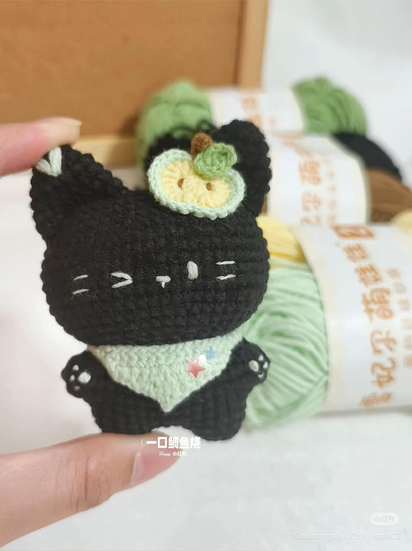 Cute Black Crochet Cat with Apple Pattern