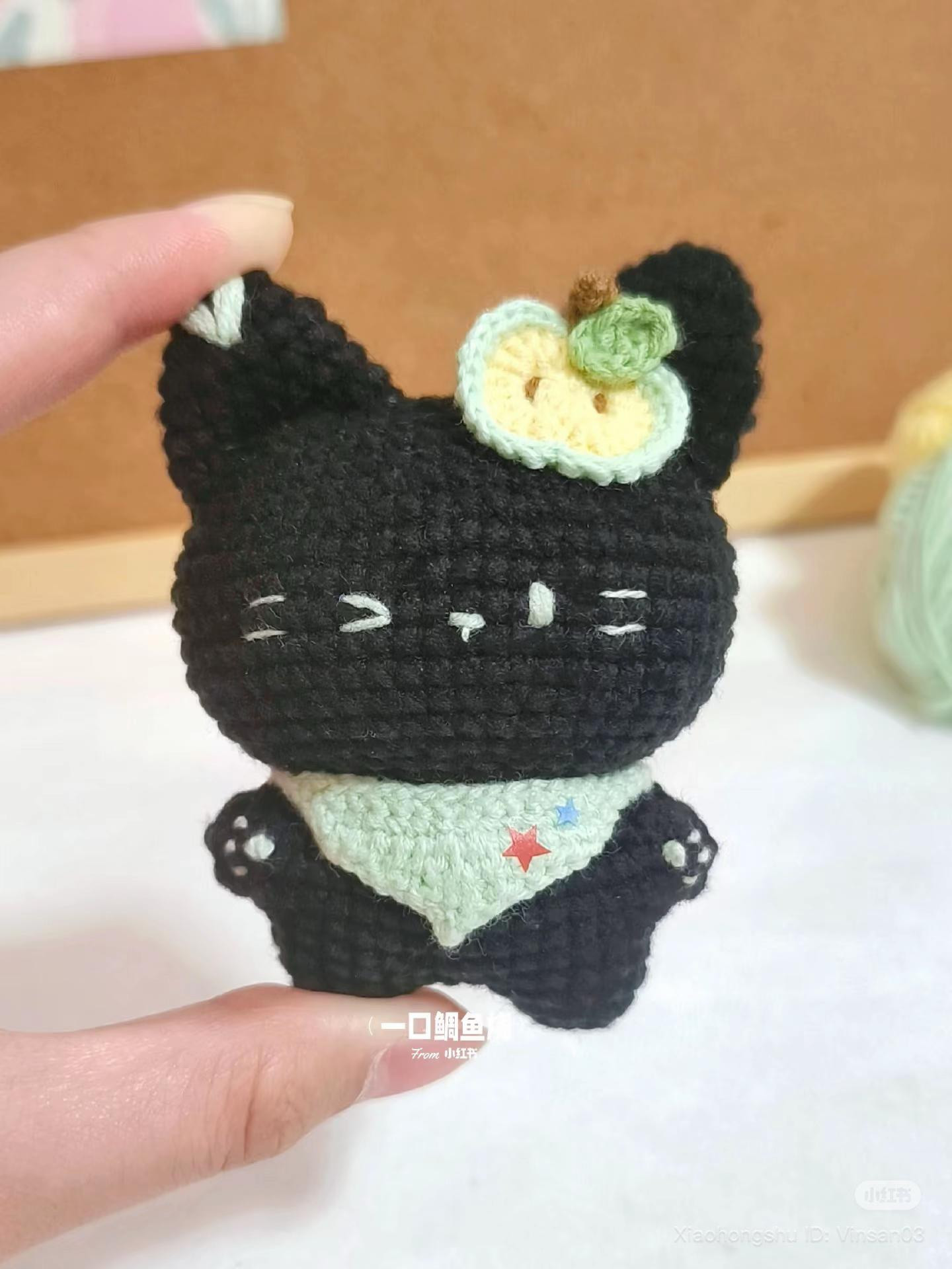 Cute Black Crochet Cat with Apple Pattern