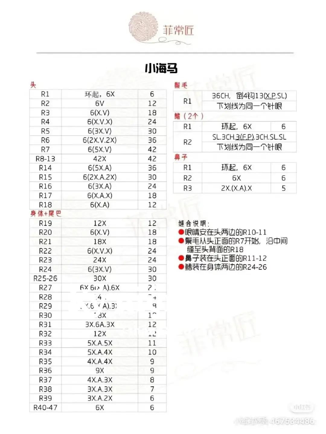 Cute Blue Crochet Seahorse Amigurumi Pattern Chart