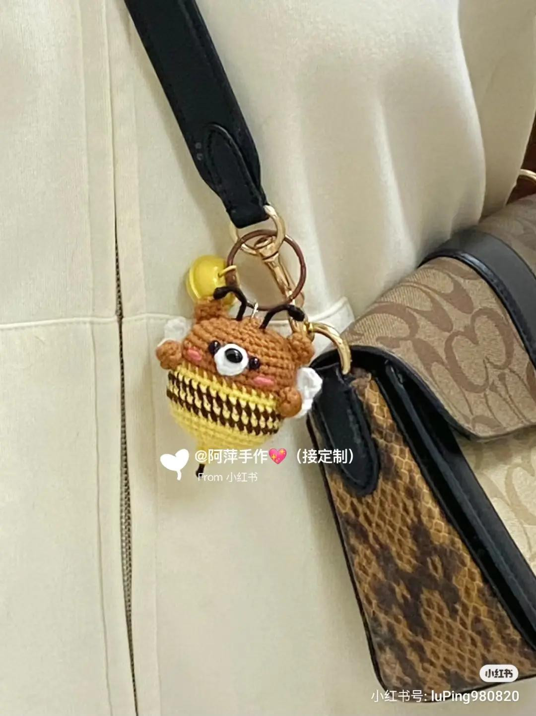 Cute Brown and Yellow Crochet Bear Bee Amigurumi Keychain with Handwritten Chart Pattern