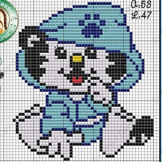 Cute Cartoon Character Cross Stitch Pattern Chart in Blue and Black