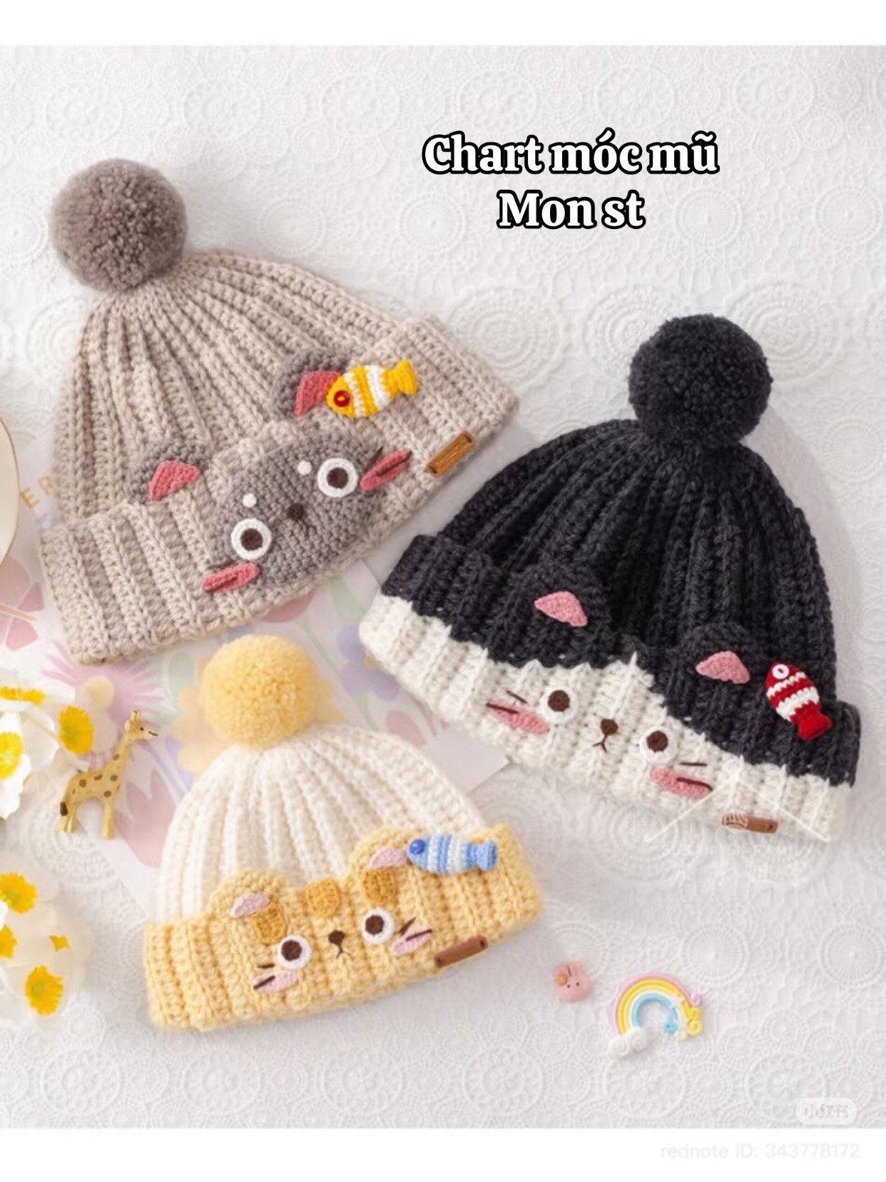 Cute Cat Crochet Beanie Hat Pattern with Fish Charm