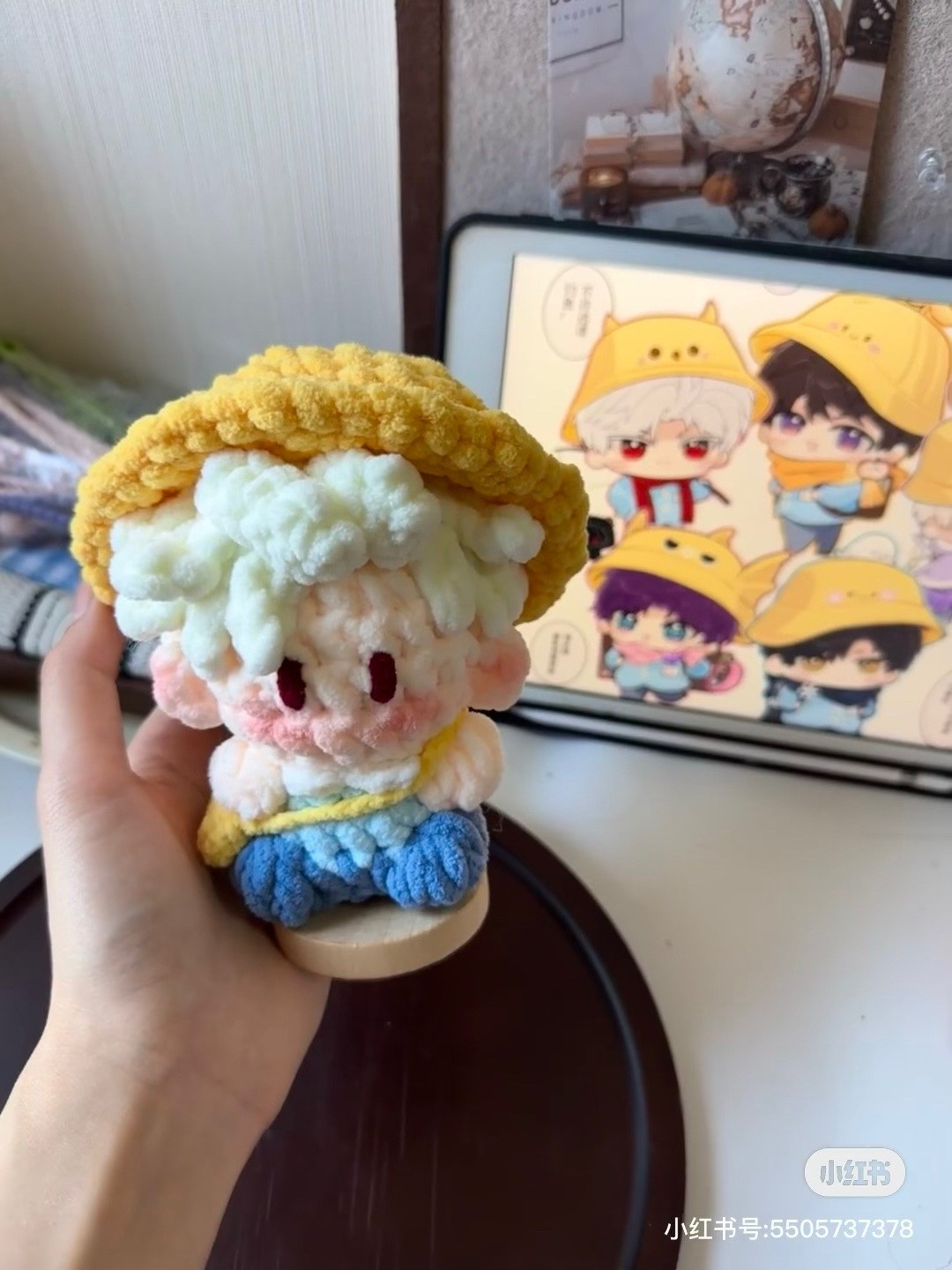 Cute Chibi Amigurumi Doll with Yellow Hat and Blue Pants
