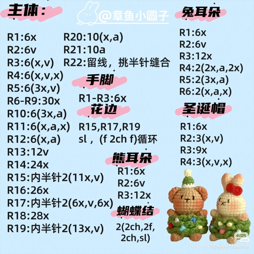 Cute Christmas Tree Rabbit and Bear Amigurumi Crochet Pattern Chart