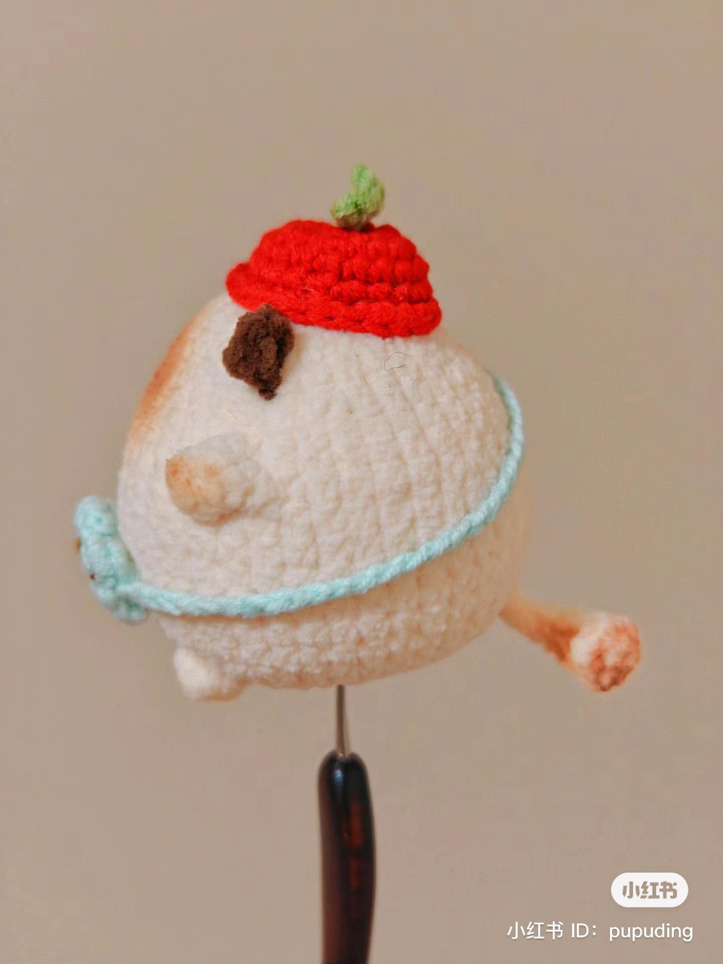 Cute Chubby Cat Amigurumi Pattern with Red Strawberry Hat and Blue Bag