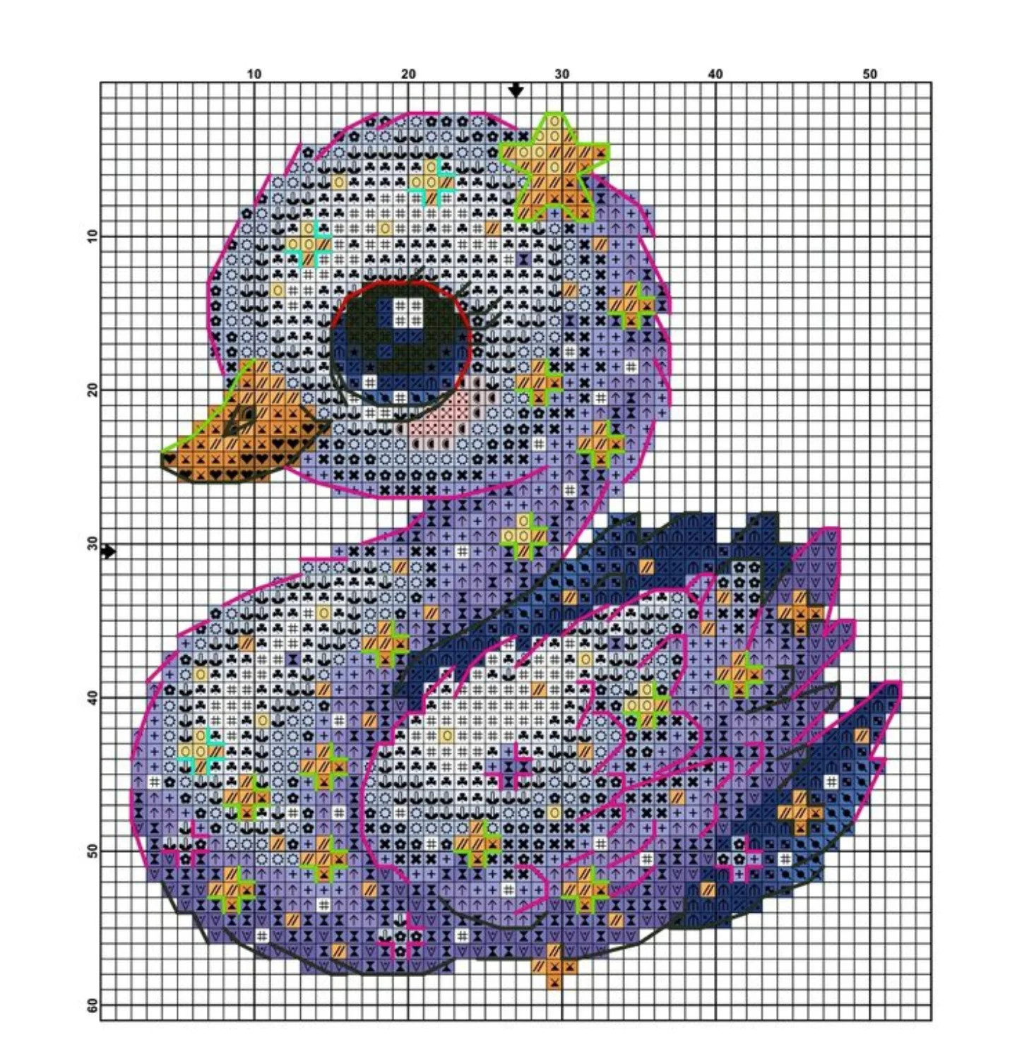Cute Cosmic Purple and Blue Duck Cross Stitch Pixel Chart Pattern with DMC Floss