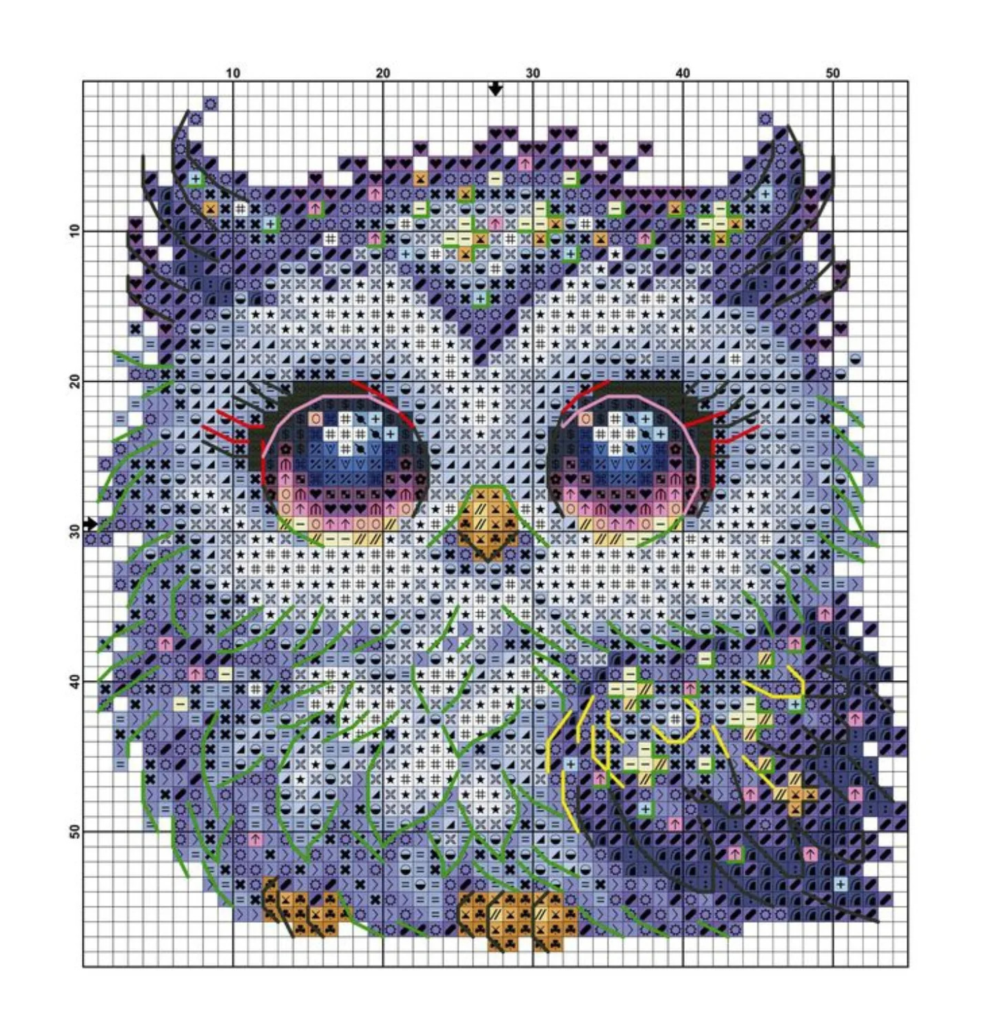 Cute Cosmic Purple and Blue Duck Cross Stitch Pixel Chart Pattern with DMC Floss