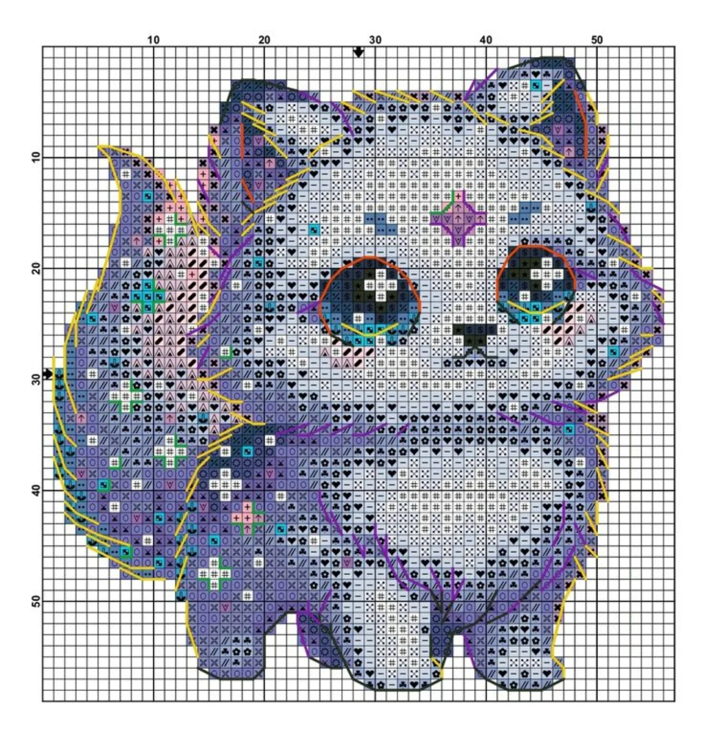 Cute Cosmic Purple and Blue Duck Cross Stitch Pixel Chart Pattern with DMC Floss
