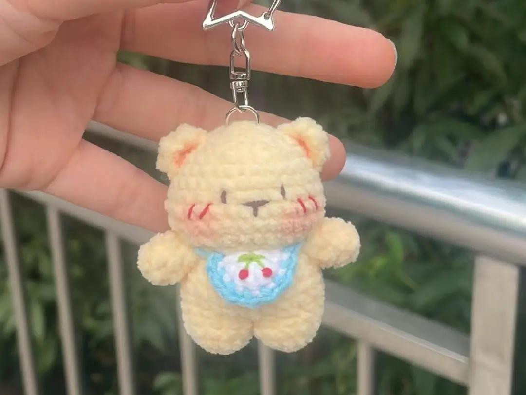 Cute Cream Bear Amigurumi Keychain with Cherry Bib Crochet Pattern Chart