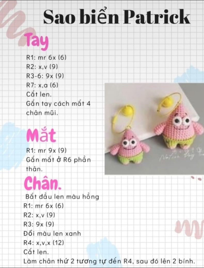 Cute Crochet Amigurumi Patterns: Sheep Face, Patrick Star Keychains, and My Melody Doll Tutorial Charts