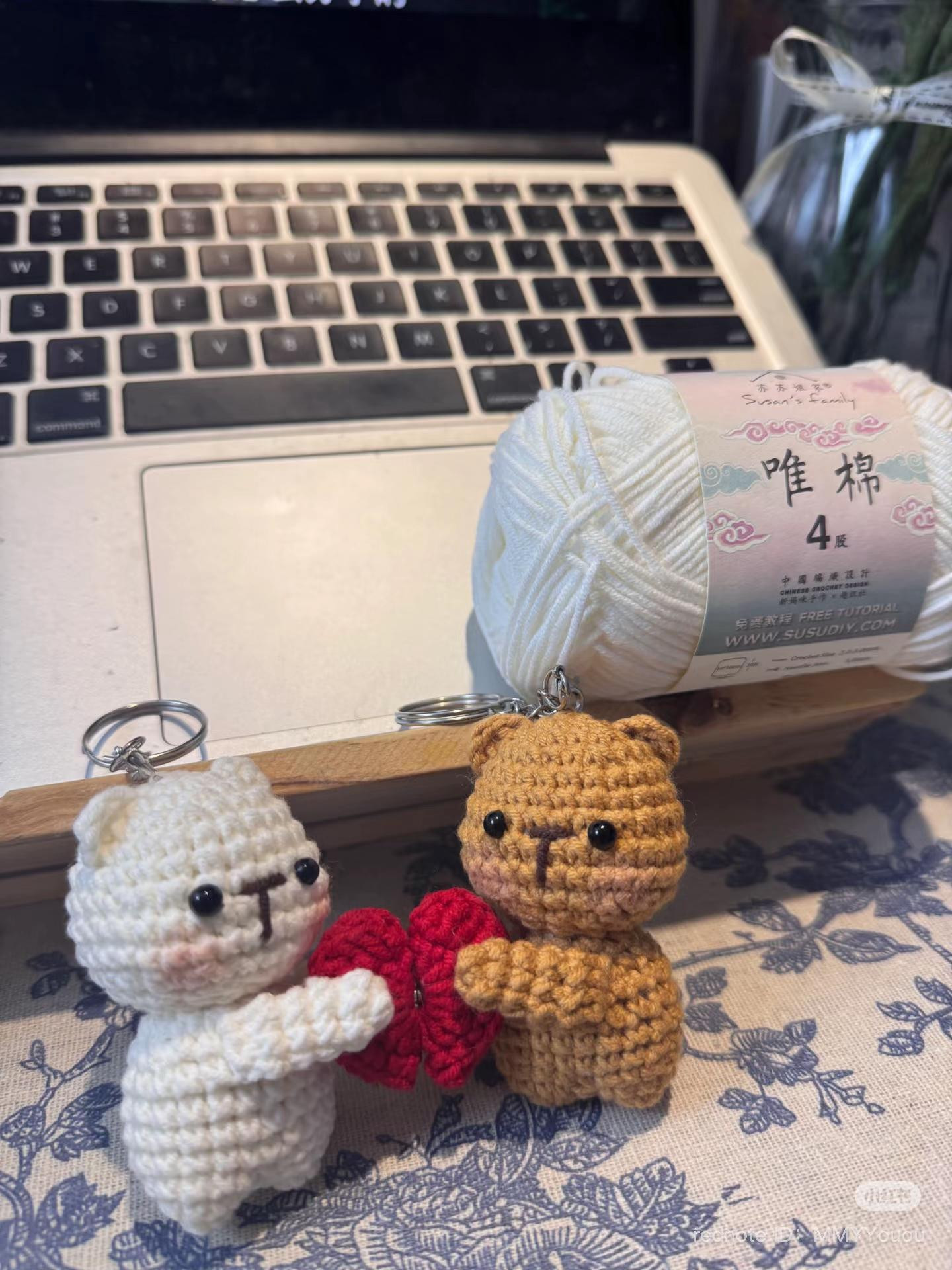 Cute Crochet Bear Couple Keychains with Red Heart Pattern