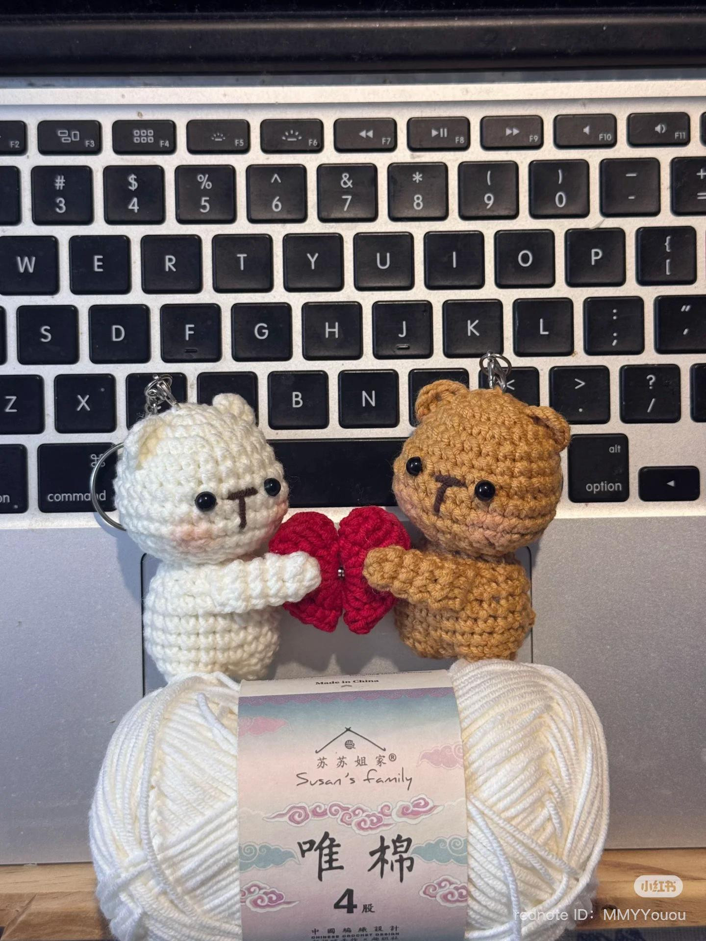 Cute Crochet Bear Couple Keychains with Red Heart Pattern
