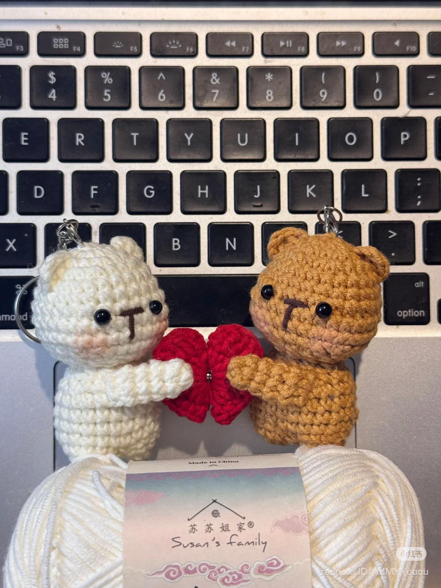 Cute Crochet Bear Couple Keychains with Red Heart Pattern