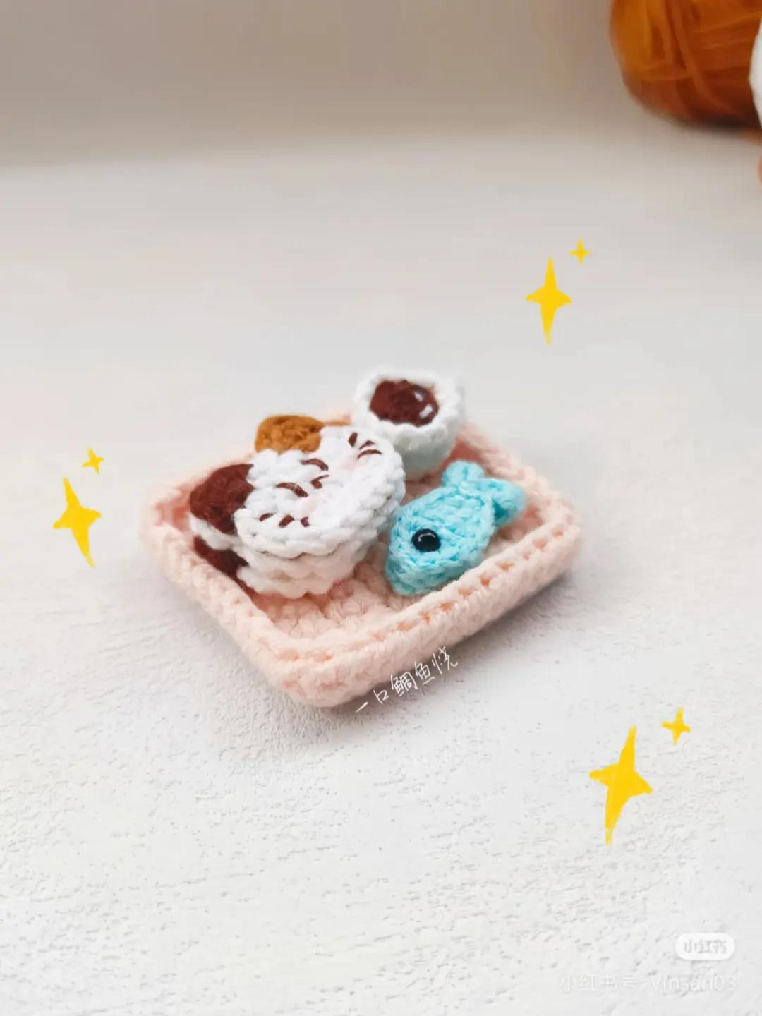 Cute Crochet Cat Bun and Fish Food Set Pattern