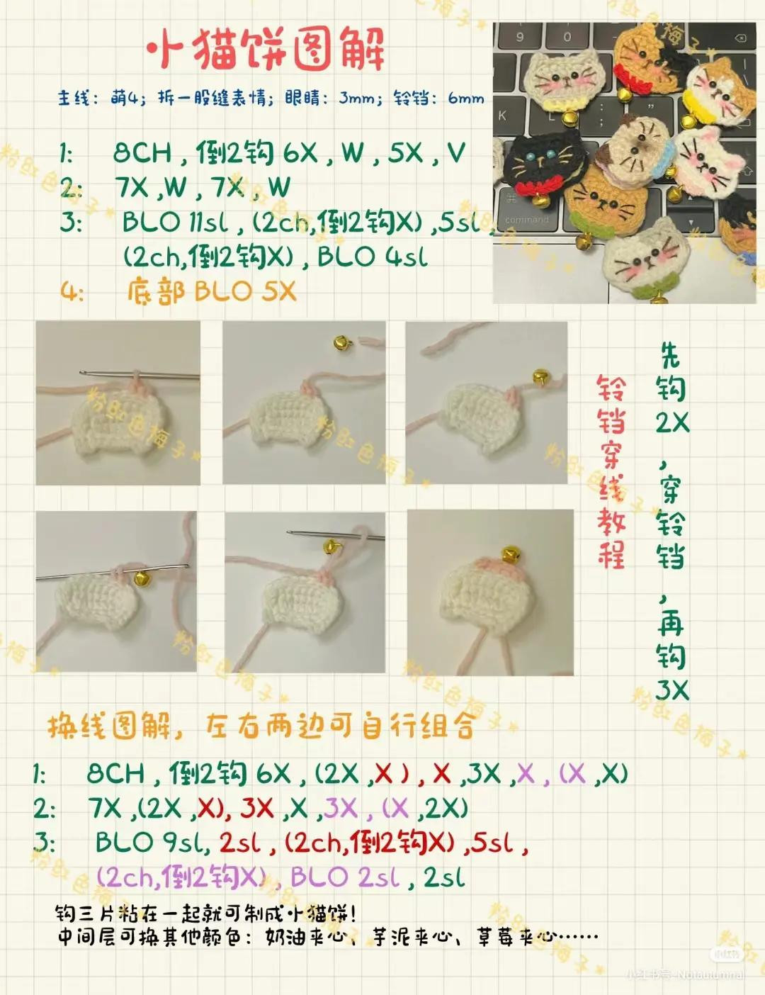 Cute Crochet Cat Cookie Keychains Pattern Tutorial with Bell