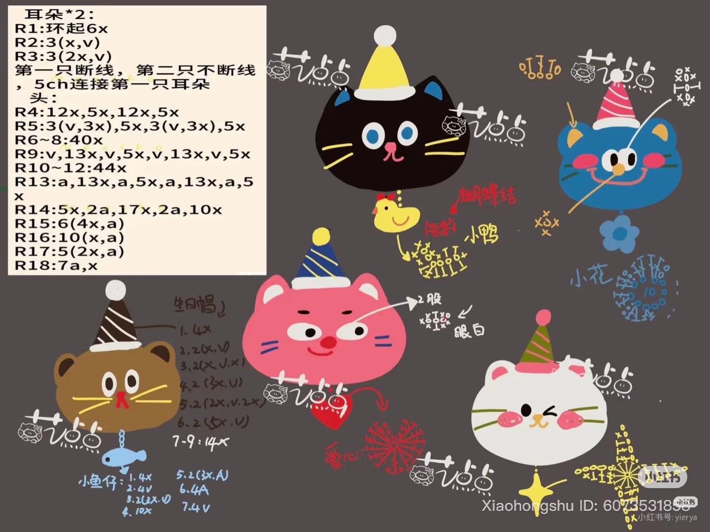 Cute Crochet Cat Keychain with Fish and Party Hat