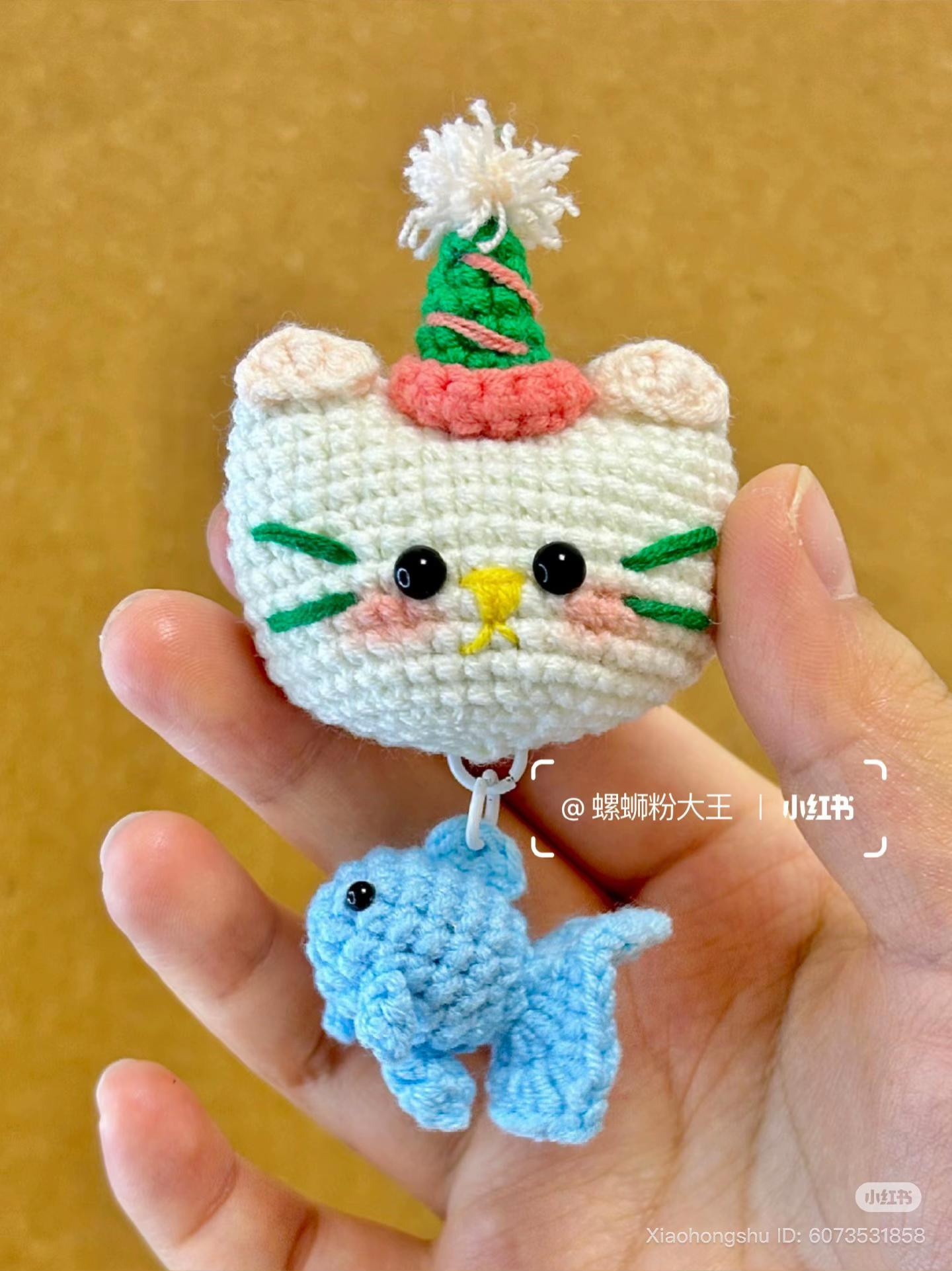 Cute Crochet Cat Keychain with Fish and Party Hat