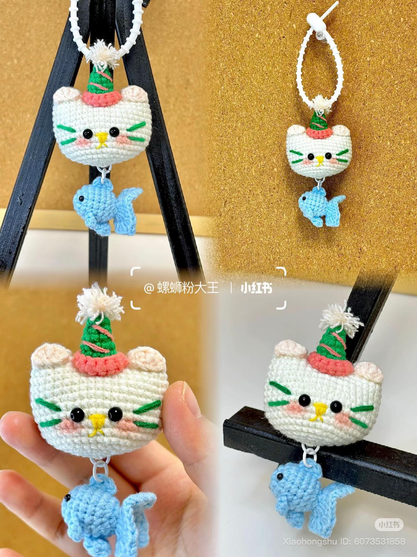 Cute Crochet Cat Keychain with Fish and Party Hat