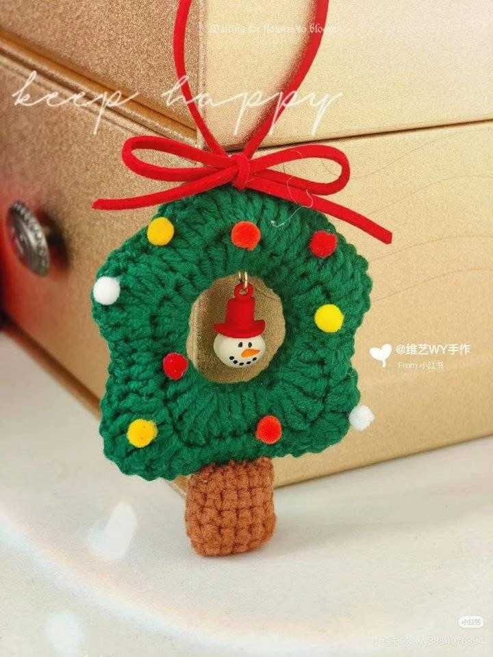 Cute Crochet Christmas Tree Ornament with Snowman and Pom-poms Pattern