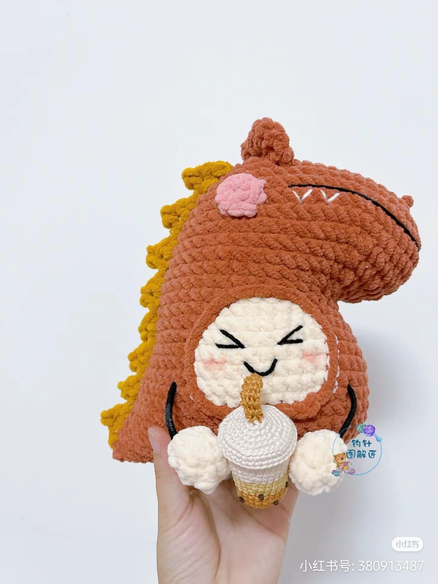 Cute Crochet Dinosaur Costume Doll with Bubble Tea Pattern Chart