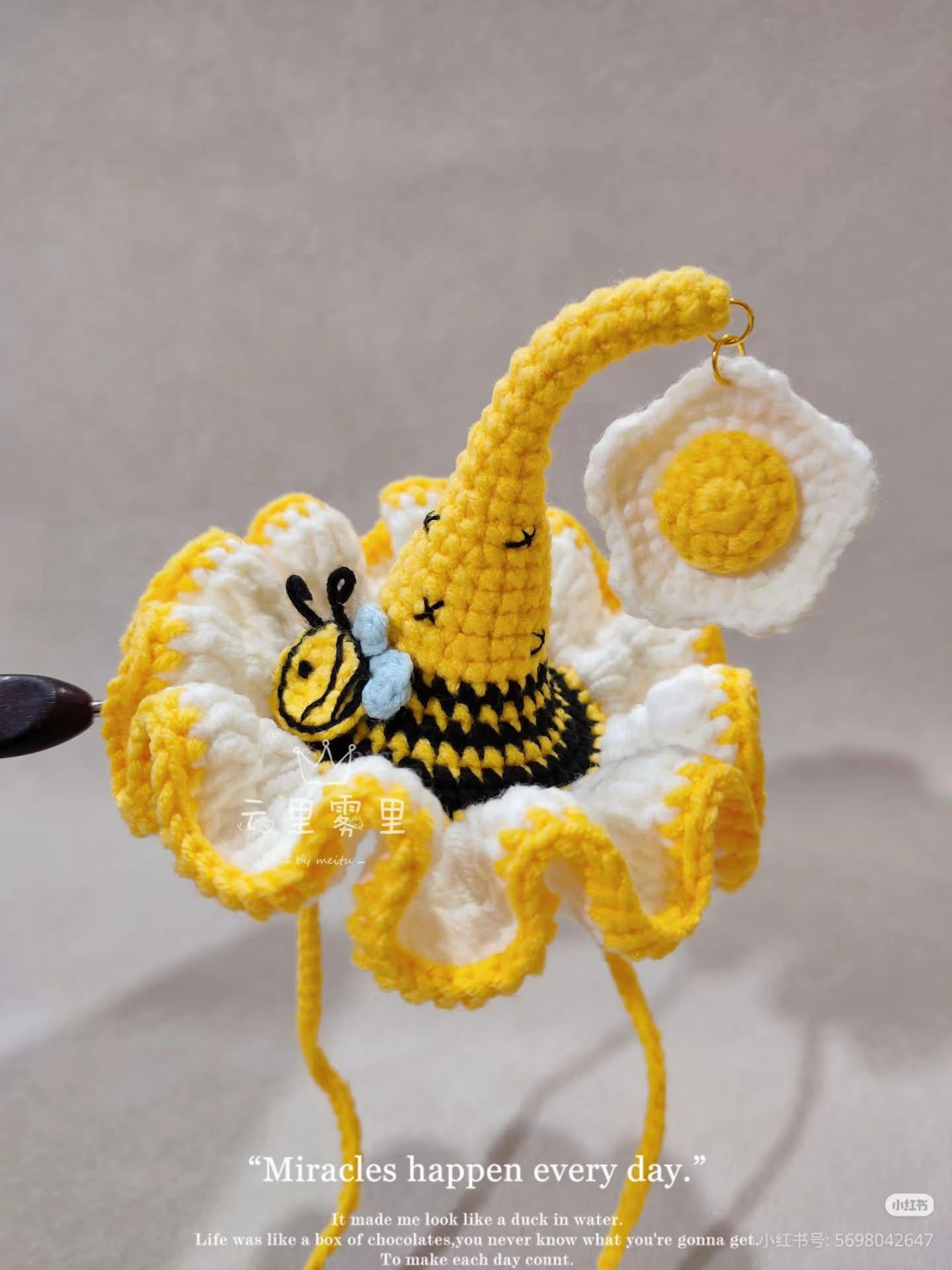 Cute Crochet Elf Hat with Bee and Fried Egg Pattern Chart