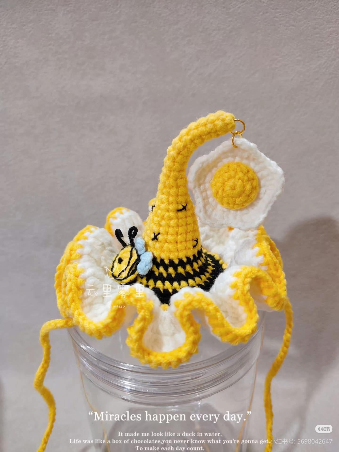 Cute Crochet Elf Hat with Bee and Fried Egg Pattern Chart