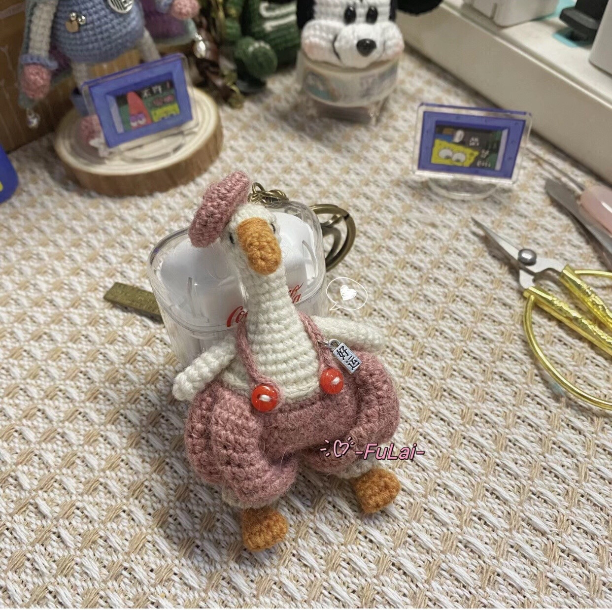 Cute Crochet Goose Keychain Pattern with Pink Overalls