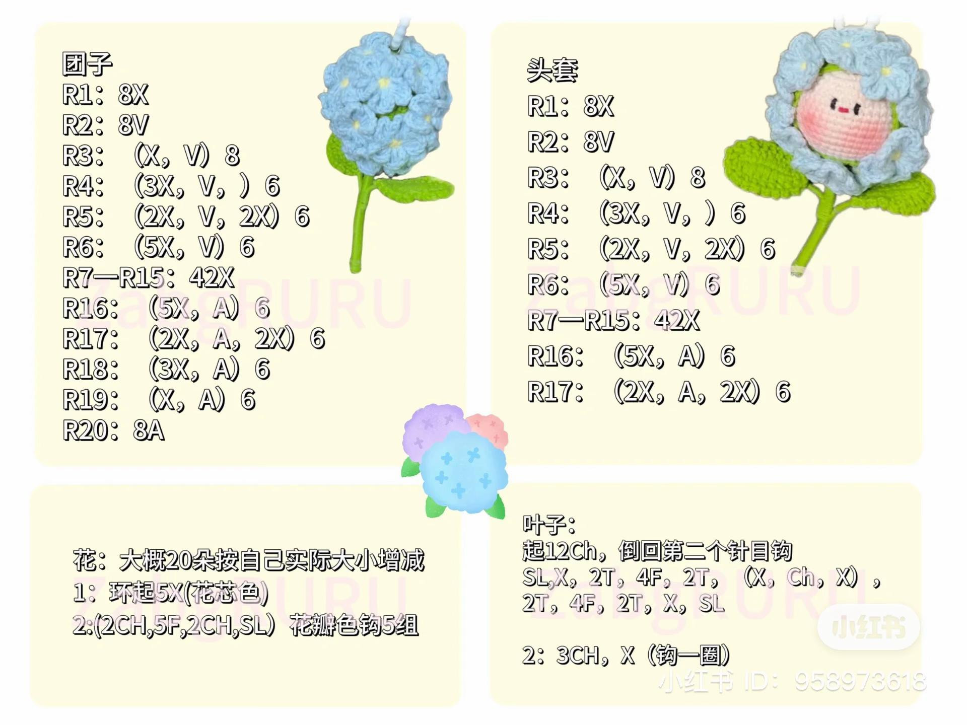 Cute Crochet Hydrangea Flower Doll Keychain Pattern Chart with Instructions