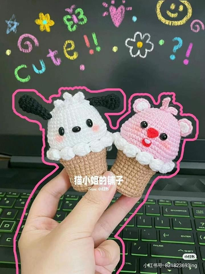 Cute Crochet Ice Cream Cone Pattern: Loopy Bear and Pochacco Dog Amigurumi Free Chart