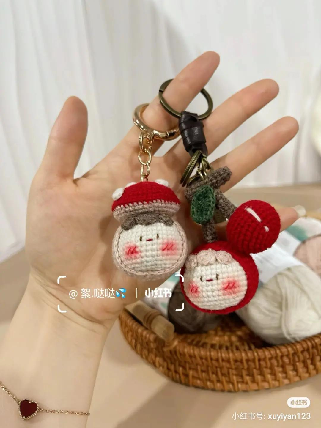 Cute Crochet Mushroom and Cherry Dumpling Keychains Pattern Chart with Instructions