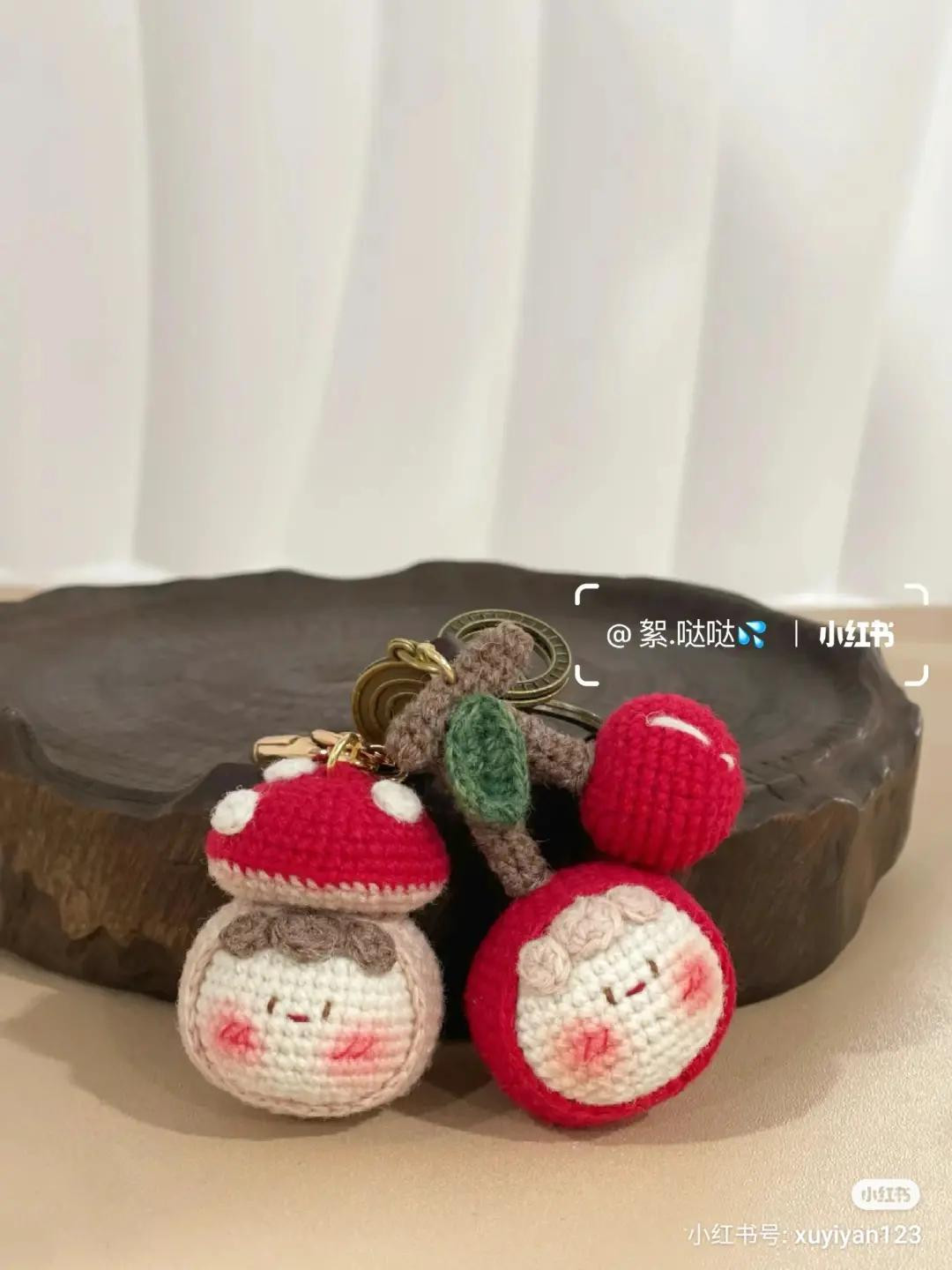 Cute Crochet Mushroom and Cherry Dumpling Keychains Pattern Chart with Instructions