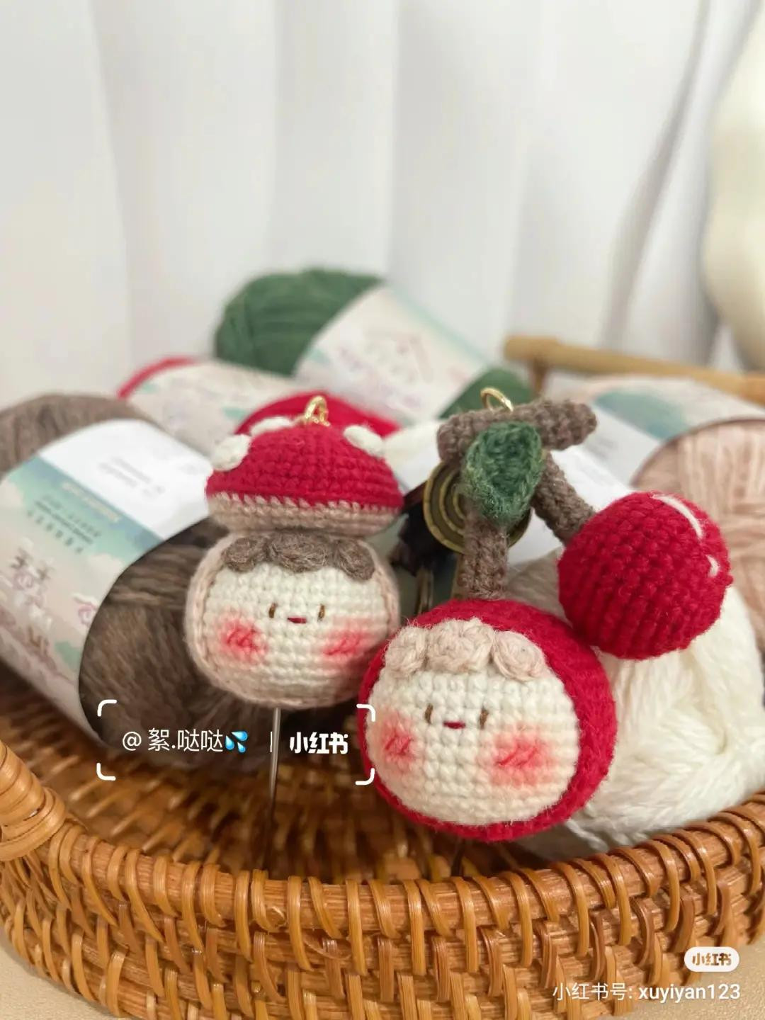 Cute Crochet Mushroom and Cherry Dumpling Keychains Pattern Chart with Instructions