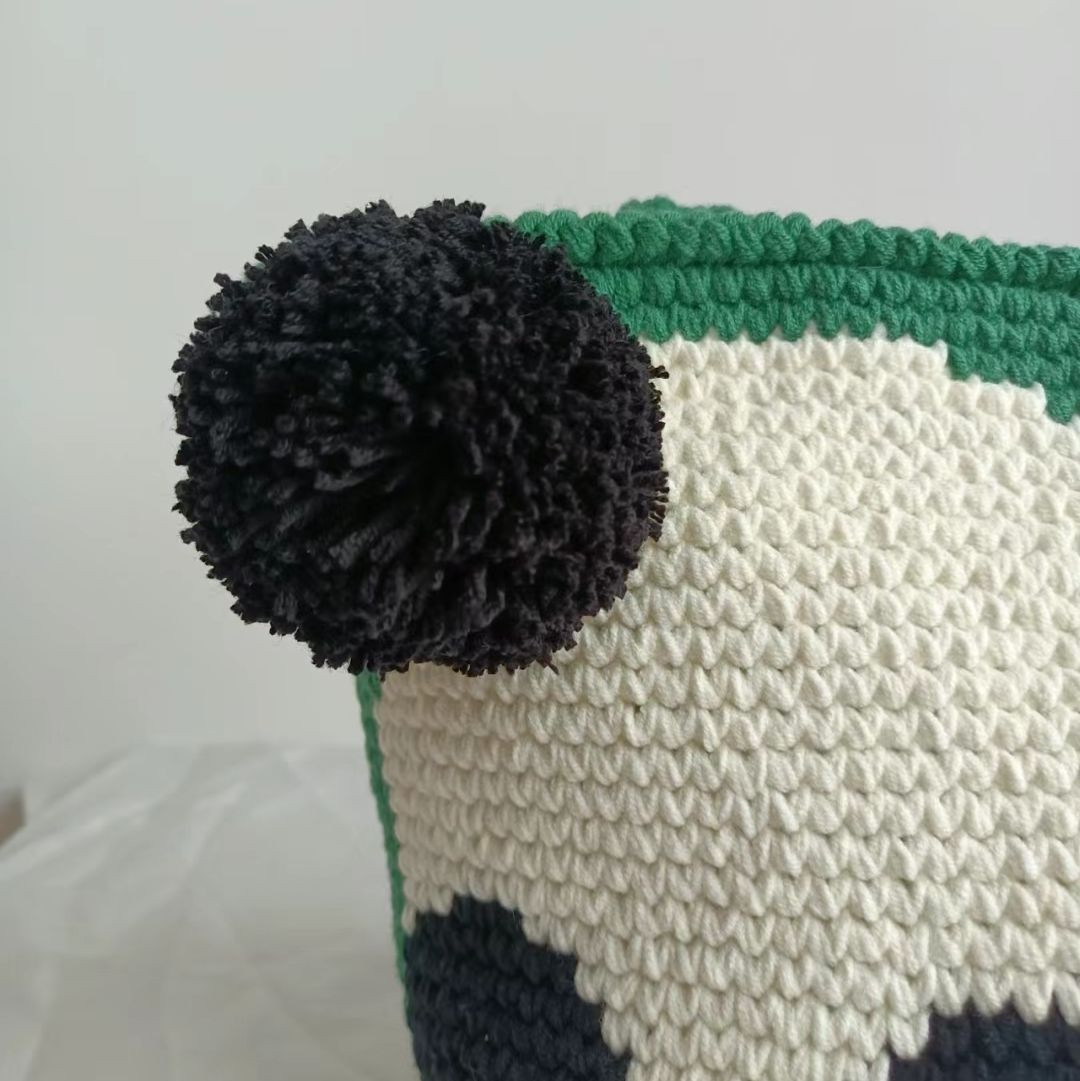 Cute Crochet Panda Tote Bag Pattern with Green Background and Black Pom-Pom Detail