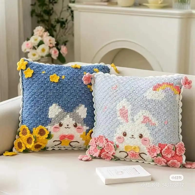 Cute Crochet Pillow Chart: Cat with Sunflowers and Rabbit