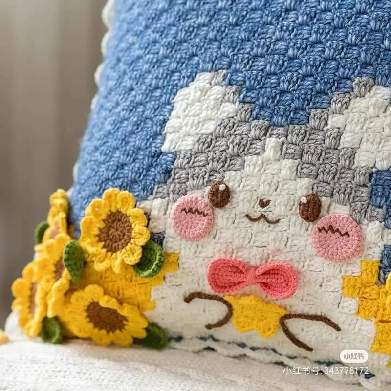 Cute Crochet Pillow Chart: Cat with Sunflowers and Rabbit