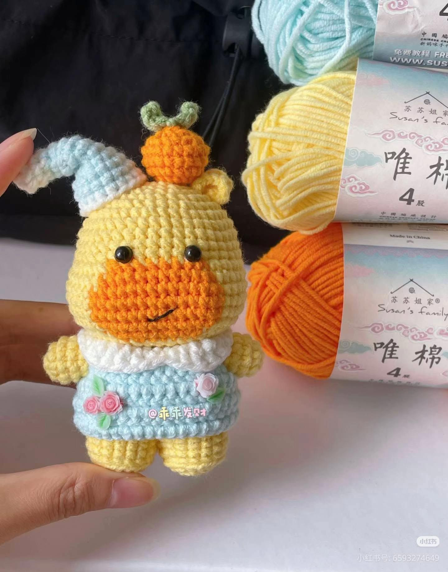 Cute Crochet Pineapple Bear Doll Pattern with Blue Hat and Flower Dress