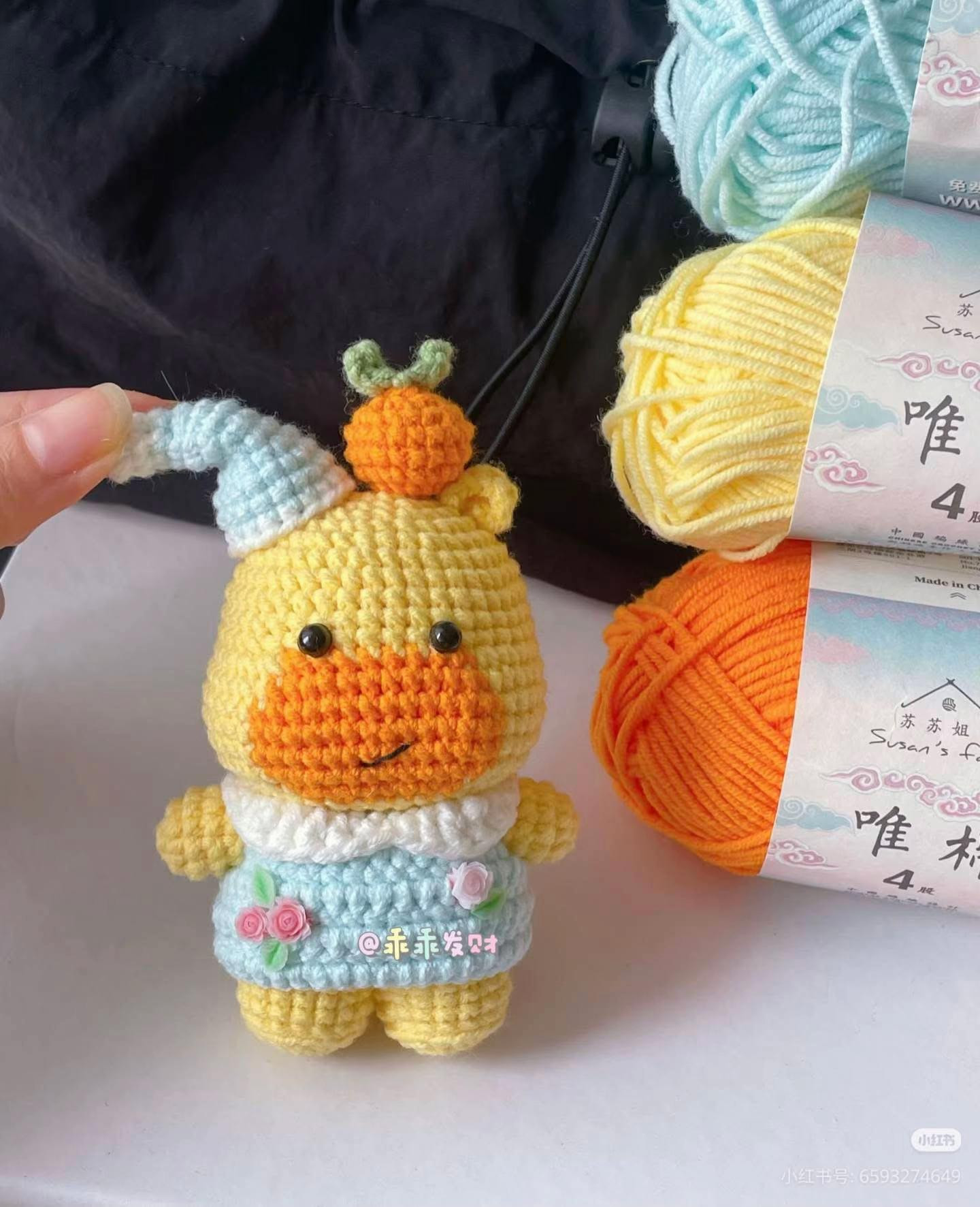 Cute Crochet Pineapple Bear Doll Pattern with Blue Hat and Flower Dress