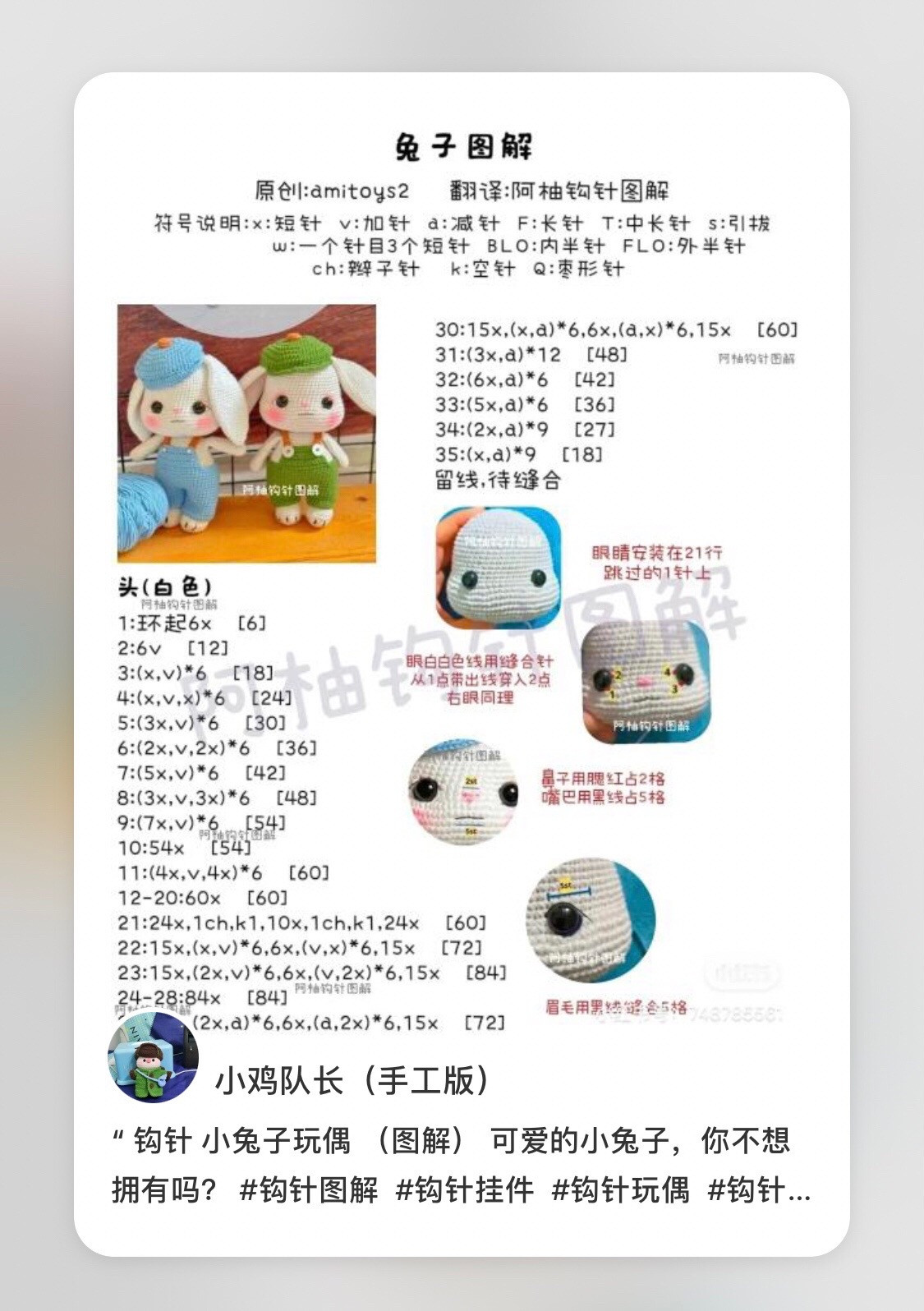 Cute Crochet Rabbit Doll Amigurumi Pattern Chart with Blue and Green Overalls