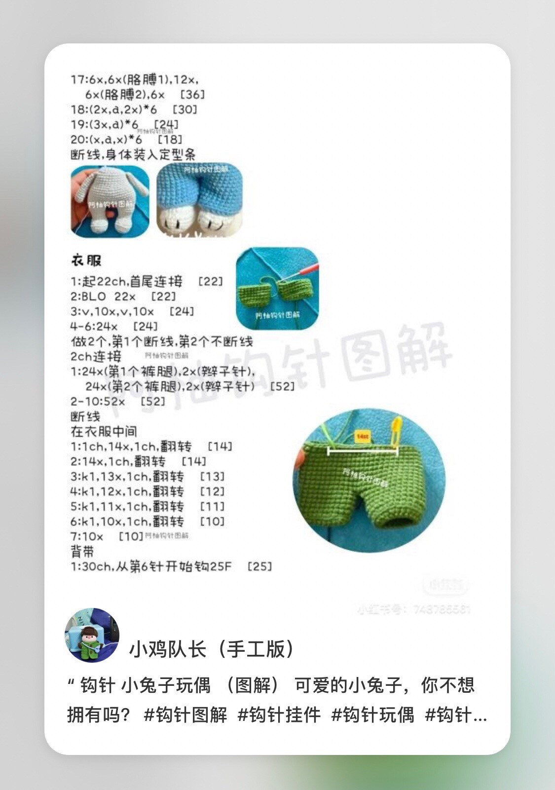 Cute Crochet Rabbit Doll Amigurumi Pattern Chart with Blue and Green Overalls