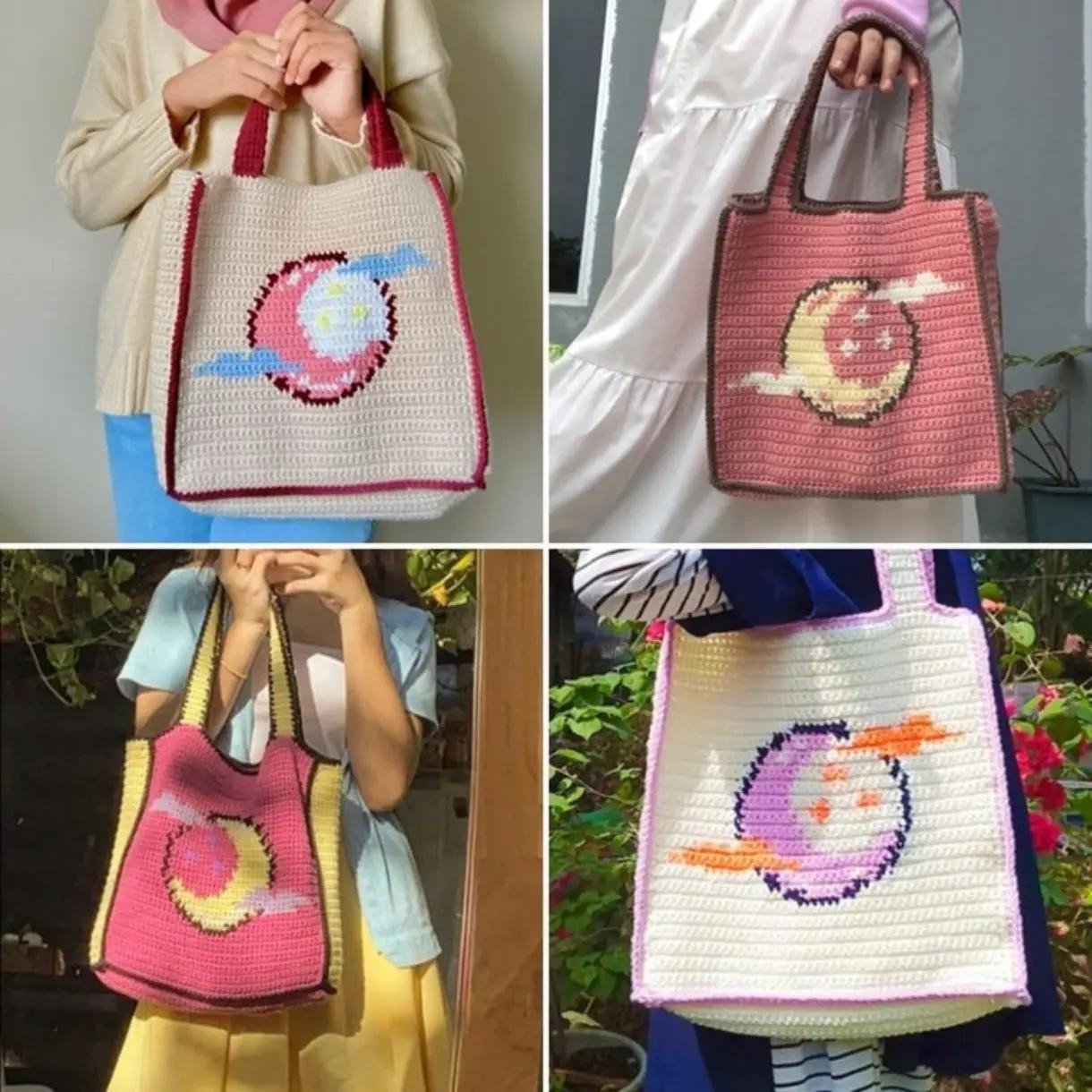 Cute Crochet Tote Bag Patterns: Panda, Chicken, and Planet Designs with Pixel Charts